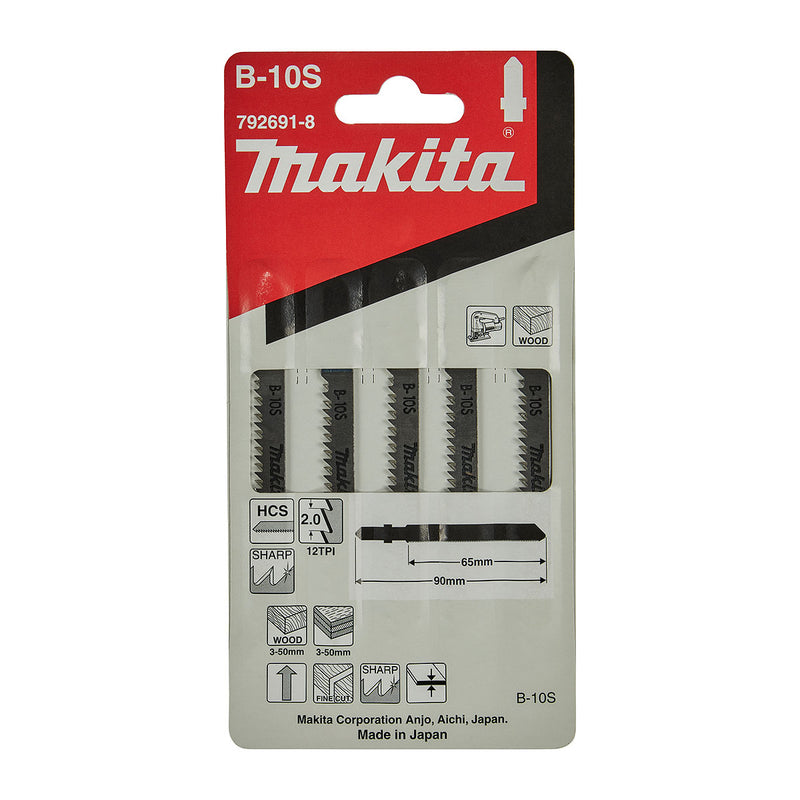 Hộp 5 lưỡi cưa lọng HCS loại cho vết cắt đẹp Makita 792691-8 dùng cho gỗ số răng 12 TPI, chiều dài 90mm đuôi gài kiểu B ( Cấp 3 sao )