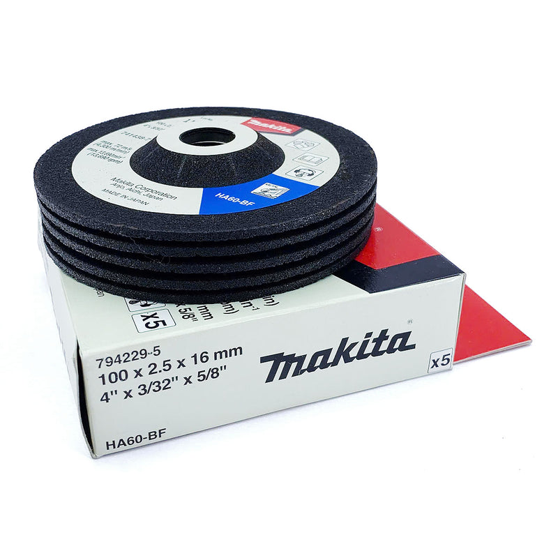 Hộp 5 đá mài kim loại 100mm ( 4 inch ) Makita 794229-5 dày 2.5mm, lỗ cốt 16mm ( 5/8 inch ) cỡ hạt 60 tâm trũng ( Cấp 3 sao )