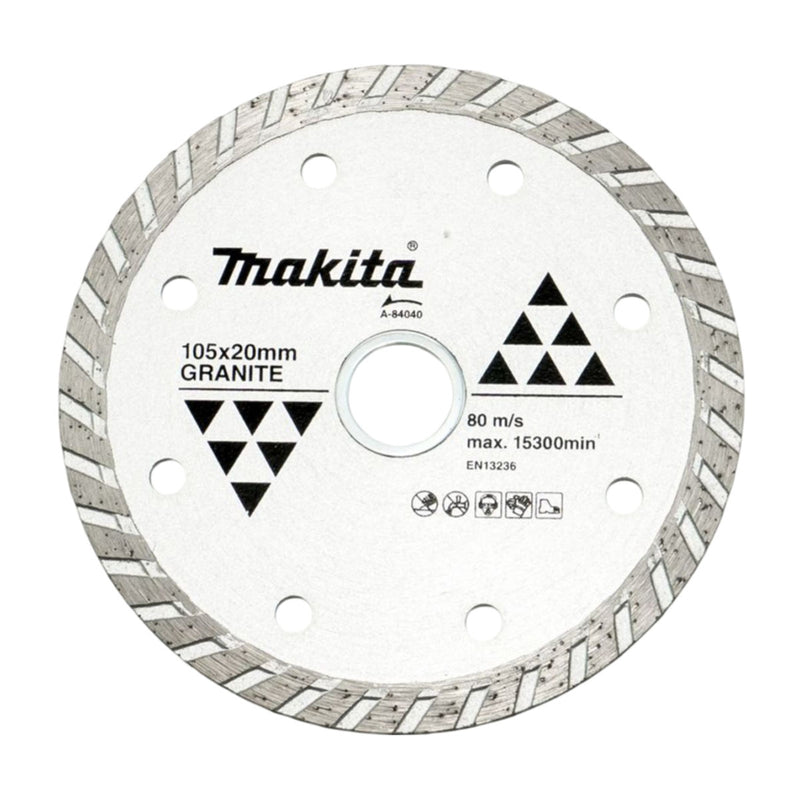 Lưỡi cắt kim cương 105mm kiểu răng gợn sóng Makita A-84040 dùng cho đá hoa cương, lỗ cốt 20mm, cắt khô đạt tiêu chuẩn EN13236 ( Cấp 2 sao )