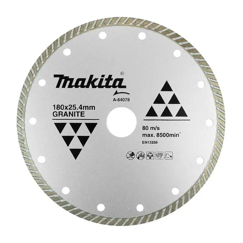 Lưỡi cắt kim cương 180mm kiểu răng gợn sóng Makita A-84078 dùng cho đá hoa cương, lỗ cốt 25.4mm, cắt khô đạt tiêu chuẩn EN13236 ( Cấp 2 sao )