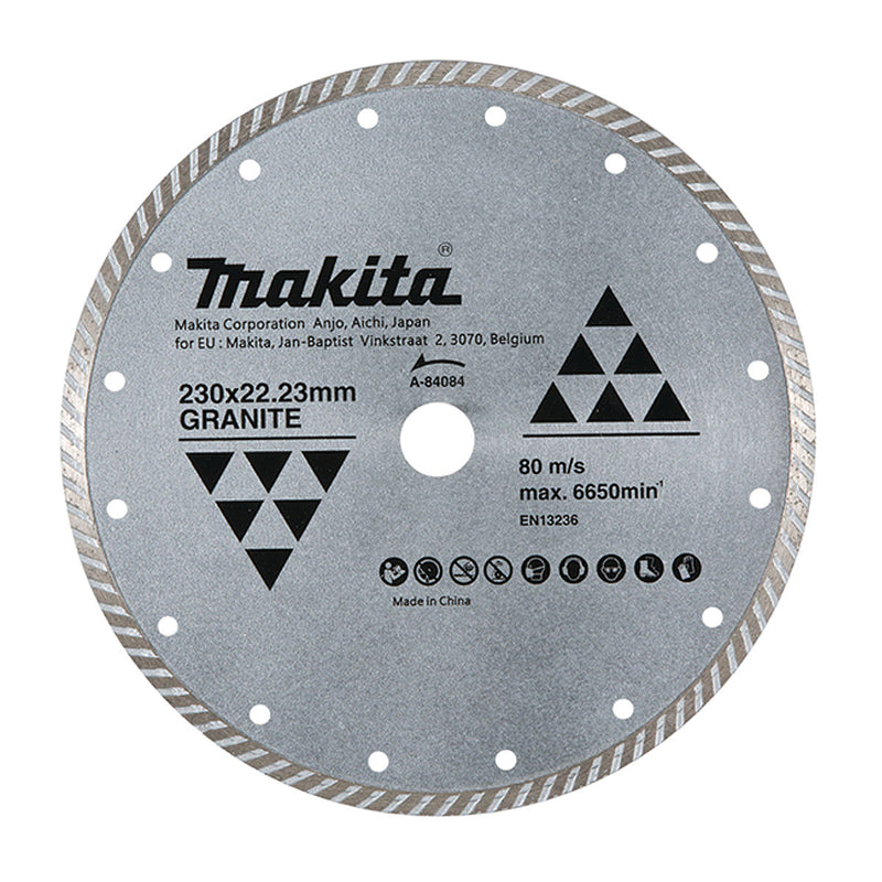 Lưỡi cắt kim cương 230mm kiểu răng gợn sóng Makita A-84084 dùng cho đá hoa cương, lỗ cốt 22.23mm, cắt khô đạt tiêu chuẩn EN13236 ( Cấp 2 sao )