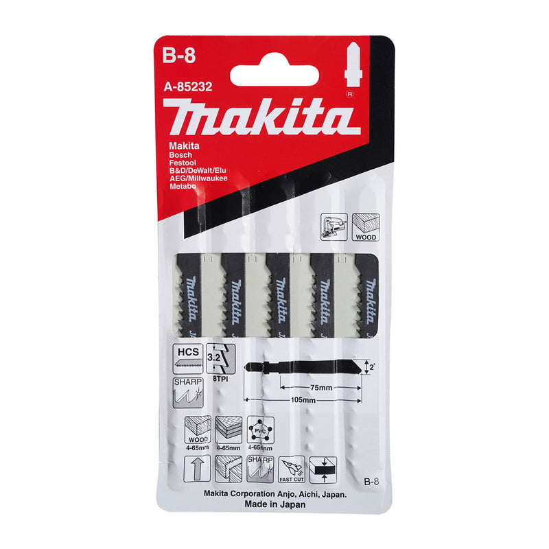 Hộp 5 lưỡi cưa lọng HCS loại cắt nhanh Makita A-85232 dùng cho gỗ, nhựa số răng 8 TPI, chiều dài 105mm, đuôi gài kiểu B ( Cấp 3 sao )