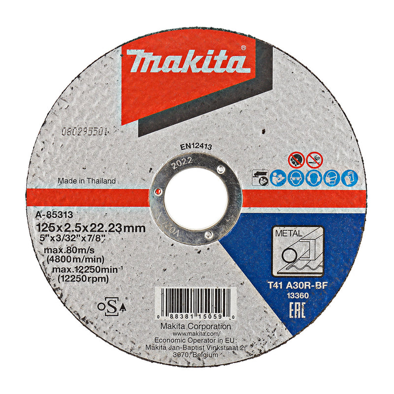 Đá cắt kim loại 125mm ( 5 inch ) Makita A-85313 dày 2.5mm, lỗ cốt 22.23mm ( 7/8 inch ) đĩa phẳng ( Cấp 3 sao )