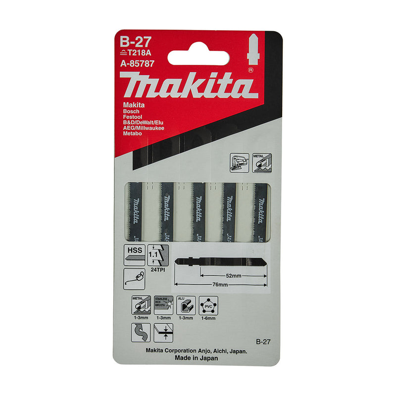 Hộp 5 lưỡi cưa lọng HSS Makita A-85787 dùng cho Inox số răng 24 TPI, chiều dài 76mm, đuôi gài kiểu B ( Cấp 3 sao )