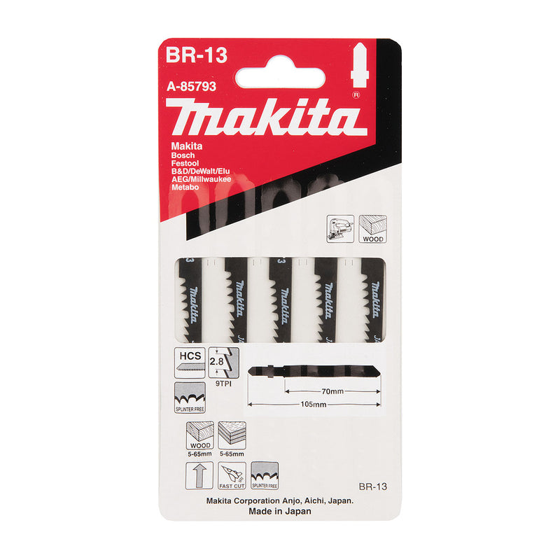 Hộp 5 lưỡi cưa lọng HCS loại cho vết cắt đẹp Makita A-85793 dùng cho gỗ, nhựa số răng 9 TPI, chiều dài 105mm đuôi gài kiểu B ( Cấp 3 sao )