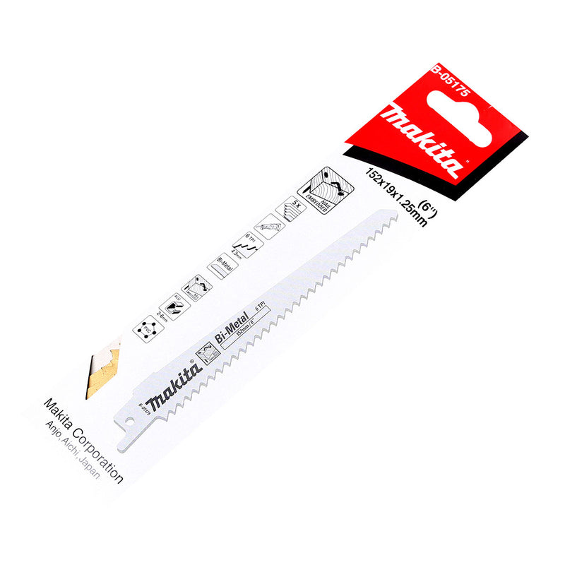 Hộp 5 lưỡi cưa kiếm Bi-Metal Makita B-05175 dùng cho gỗ có đinh, số răng 6 TPI, chiều dài 152mm ( Cấp 3 sao )