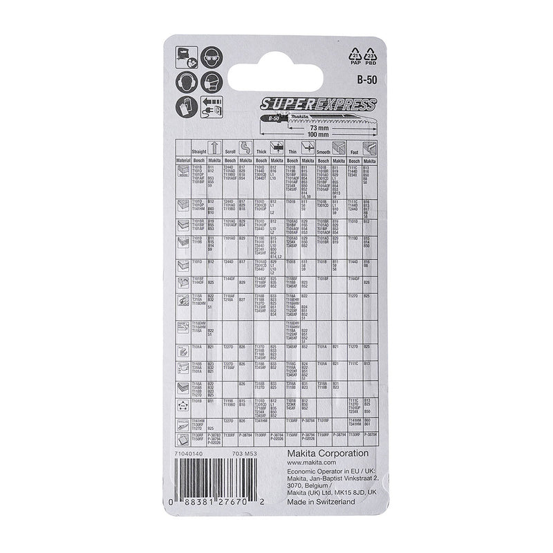 Hộp 5 lưỡi cưa lọng HCS loại cắt siêu nhanh Makita B-06460 dùng cho gỗ, nhựa số răng 8-11 TPI, chiều dài 100mm đuôi gài kiểu B ( Cấp 3 sao )