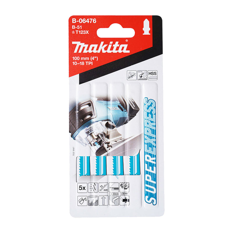 Hộp 5 lưỡi cưa lọng HSS loại cắt siêu nhanh Makita B-06476 dùng cho Inox, số răng 10-18 TPI, chiều dài 100mm, đuôi gài kiểu B ( cấp 3 sao )