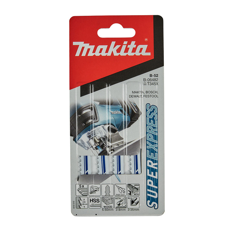 Hộp 5 lưỡi cưa lọng HSS loại cắt siêu nhanh Makita B-06482 dùng cho nhiều loại vật liệu khác nhau, số răng 6-10 TPI, chiều dài 100mm, đuôi gài kiểu B ( Cấp 3 sao )