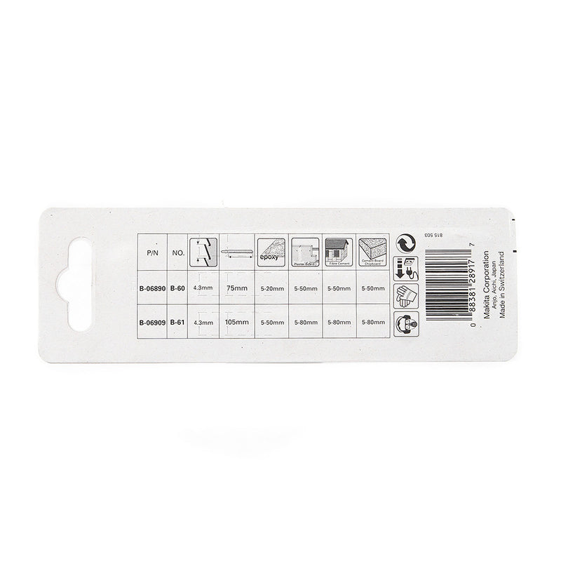 Hộp 3 lưỡi cưa lọng TC/HM Makita B-06890 dùng cho sợi thủy tinh, tấm thạch cao và nhựa FRP, số răng 6 TPI, chiều dài 100mm, đuôi gài kiểu B ( Cấp 3 sao )