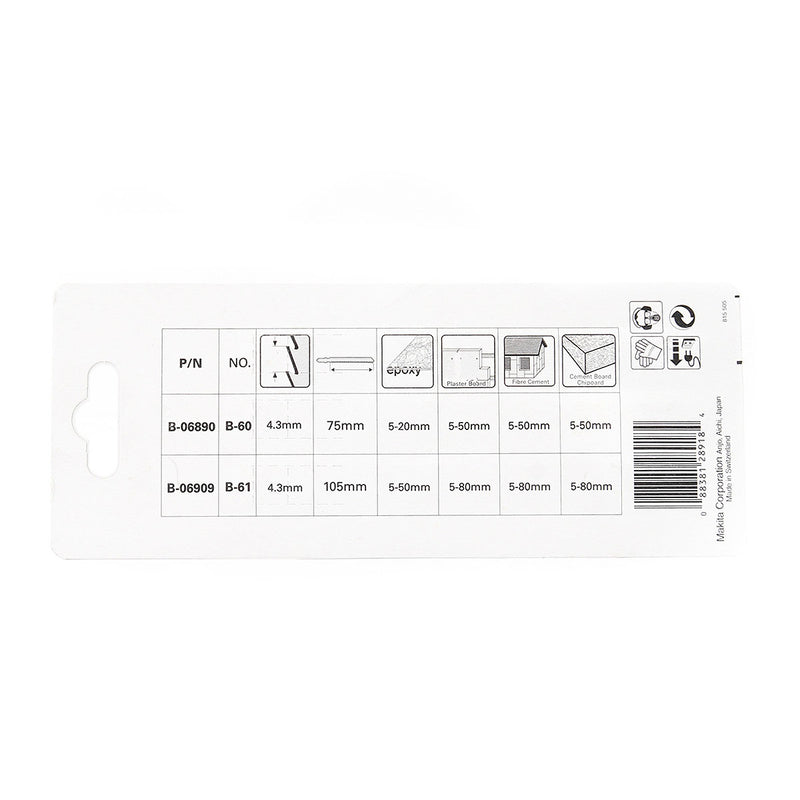 Hộp 3 lưỡi cưa lọng TC/HM Makita B-06909 dùng cho sợi thủy tinh, tấm thạch cao và nhựa FRP, số răng 6 TPI, chiều dài 132mm, đuôi gài kiểu B ( Cấp 3 sao )