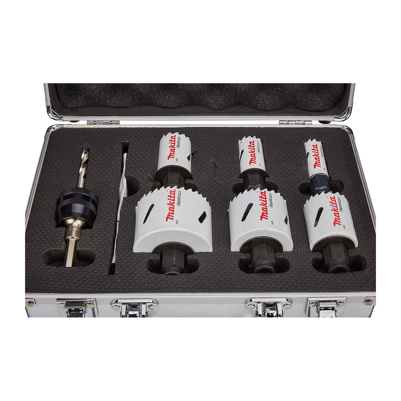 Bộ mũi khoét lỗ kèm mũi định tâm dòng tháo lắp nhanh Ezychange 7 chi tiết Makita B-11988 kích thước từ 20mm-65mm dùng cho Inox, gỗ chất liệu HSS-BiM