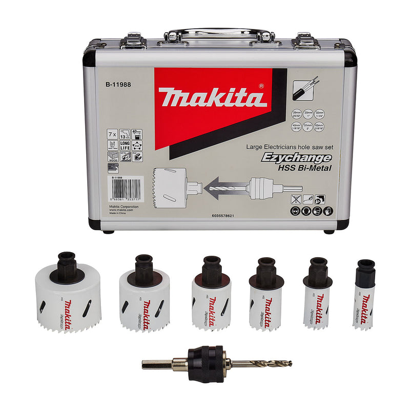 Bộ mũi khoét lỗ kèm mũi định tâm dòng tháo lắp nhanh Ezychange 7 chi tiết Makita B-11988 kích thước từ 20mm-65mm dùng cho Inox, gỗ chất liệu HSS-BiM