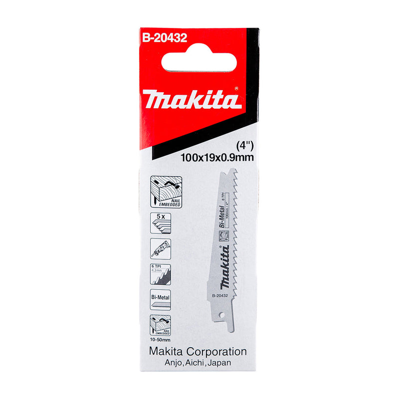 Hộp 5 lưỡi cưa kiếm Bi-Metal Makita B-20432 dùng cho gỗ có đinh, số răng 6 TPI chiều dài 100mm ( Cấp 3 sao )