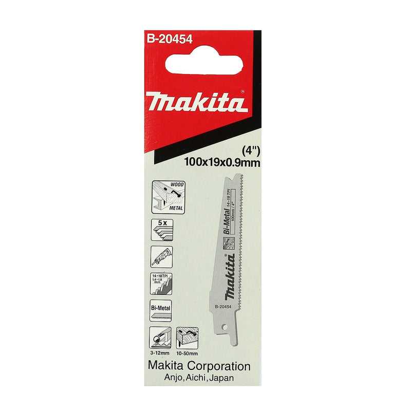 Hộp 5 lưỡi cưa kiếm Bi-Metal Makita B-20454 dùng cho gỗ, kim loại số răng 14+18 TPI, chiều dài 100mm ( Cấp 3 sao )