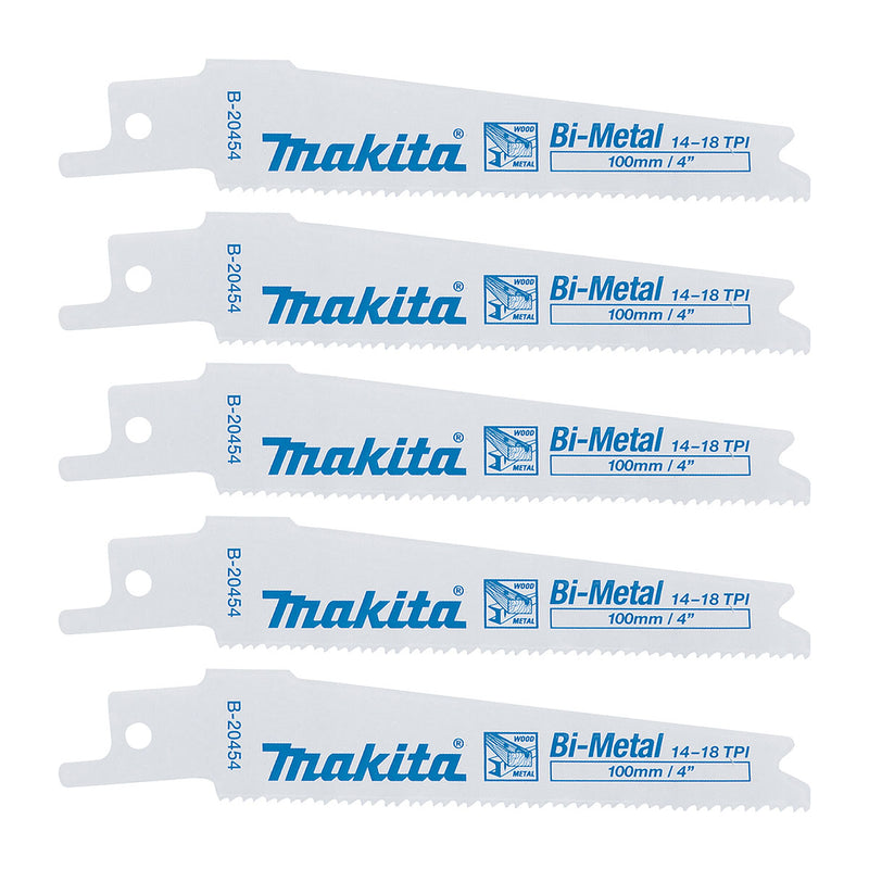 Hộp 5 lưỡi cưa kiếm Bi-Metal Makita B-20454 dùng cho gỗ, kim loại số răng 14+18 TPI, chiều dài 100mm ( Cấp 3 sao )