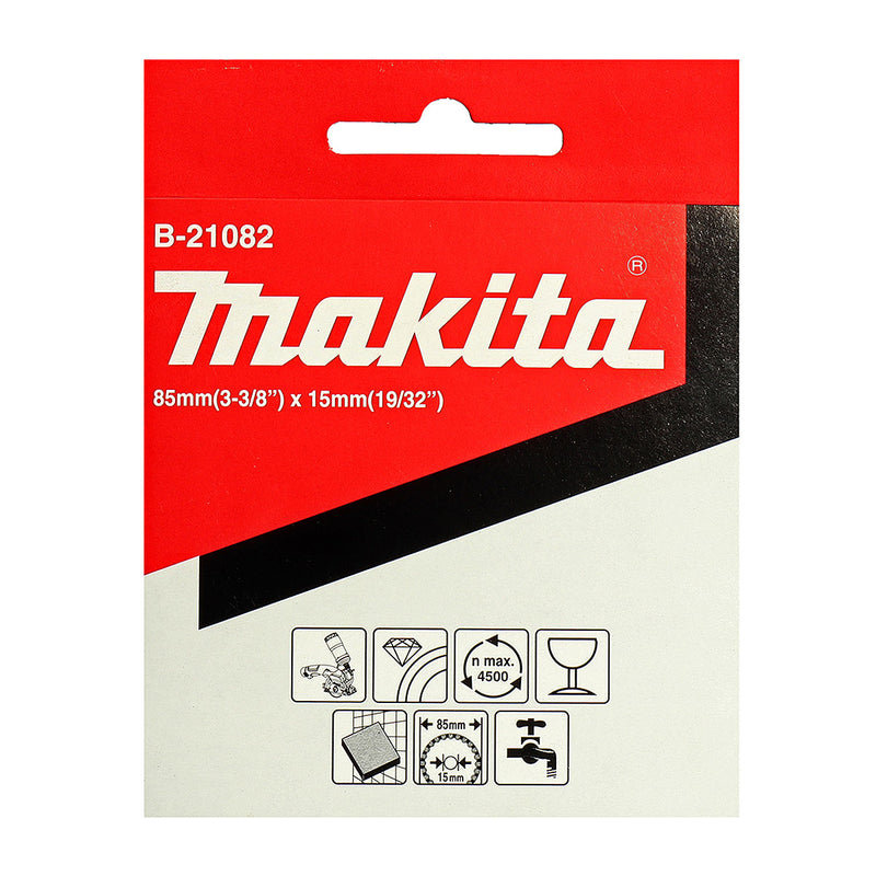 Lưỡi cắt kim cương 85mm kiểu mép phẳng Makita B-21082 dùng cho thủy tinh, gạch, lỗ cốt 15mm cắt khô & nước, tương thích với máy CC300D, CC301D ( Cấp 3 sao )