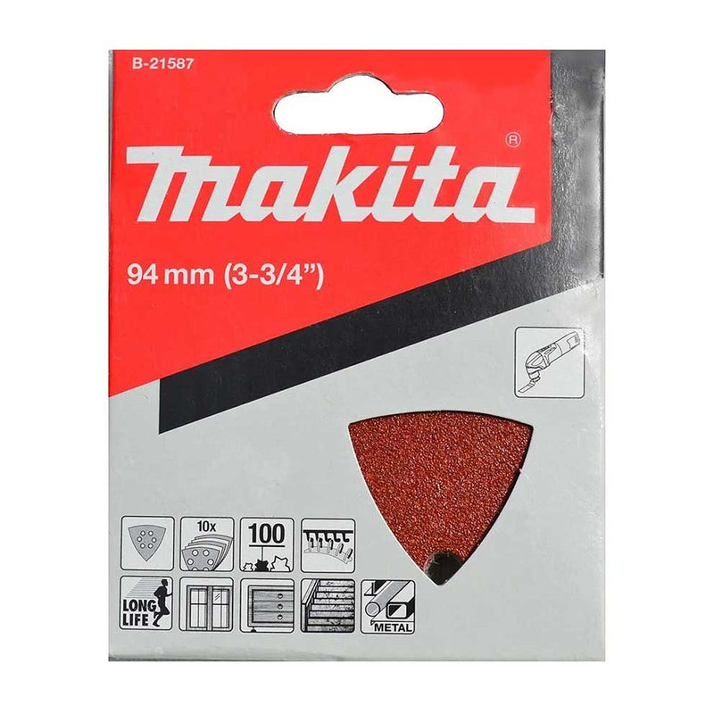 Hộp 10 giấy nhám tam giác đục lỗ 93mm Makita dòng Delta bền hơn cho gỗ, kim loại và tẩy sơn bề mặt dùng với đế gai (B-65115) cho các máy cắt rung ( Cấp 3 sao )