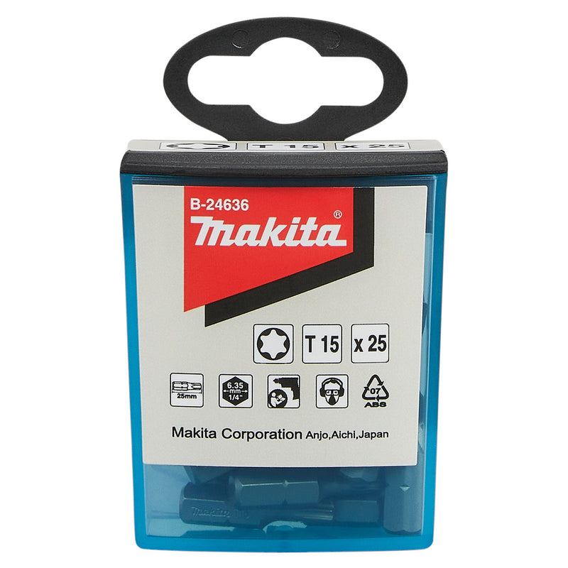 Hộp 25 mũi vặn vít đầu sao Makita kích thước từ T15 - T30, chiều dài 25mm, đuôi lục giác 6.35mm (1/4 inch)