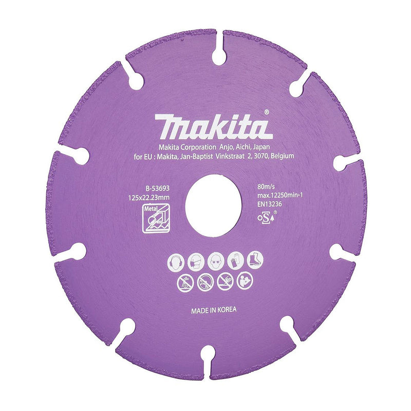 Lưỡi cắt kim cương cao cấp 125mm kiểu răng phân đoạn hàn chân không Makita B-53693 dùng cho kim loại, lỗ cốt 22.23mm, cắt khô ( Cấp chuyên dụng )
