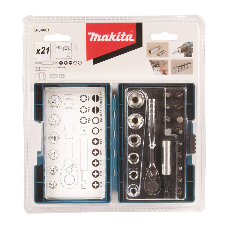Bộ mũi vặn vít và đầu tuýp kèm cần siết lực 21 chi tiết Makita B-54081 đuôi lục giác 6.35mm ( 1/4 inch ) ( Cấp 3 sao )