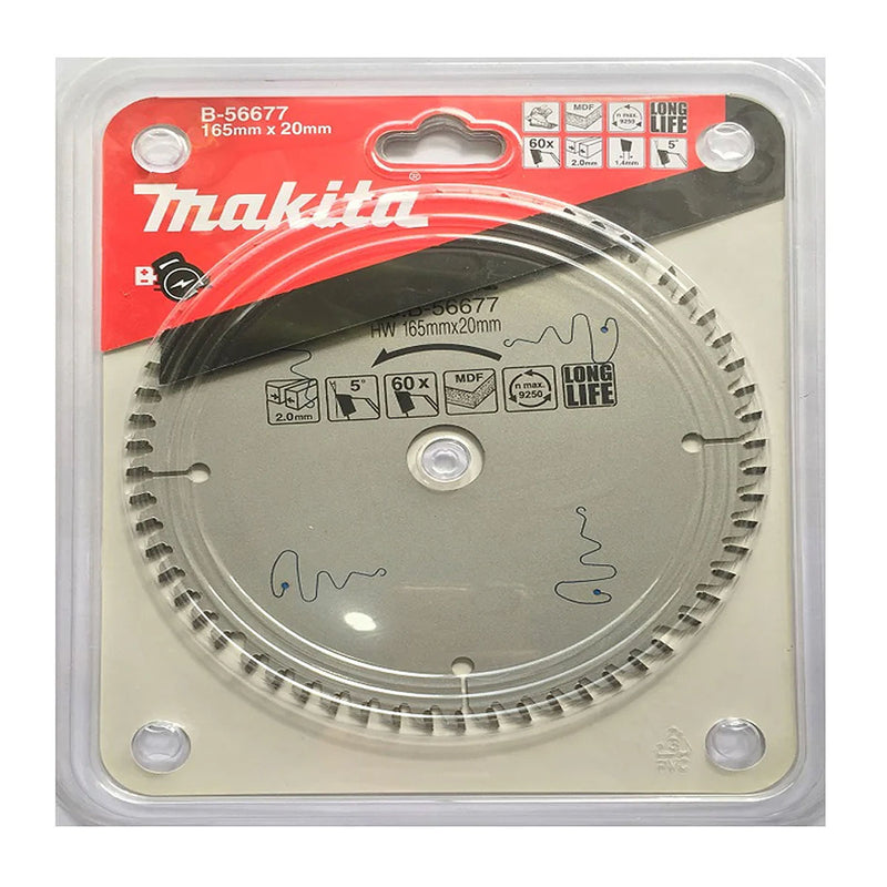 Lưỡi cưa gỗ, ván MDF TCT Makita đường kính 165mm bề mặt phủ Flo và khắc Laser, 60 răng kiểu Hi-ATB và TCG, lỗ cốt 20mm ( Cấp 4 sao )