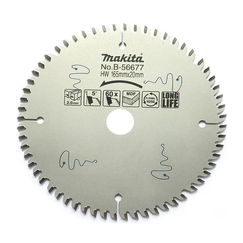 Lưỡi cưa gỗ, ván MDF TCT Makita đường kính 165mm bề mặt phủ Flo và khắc Laser, 60 răng kiểu Hi-ATB và TCG, lỗ cốt 20mm ( Cấp 4 sao )