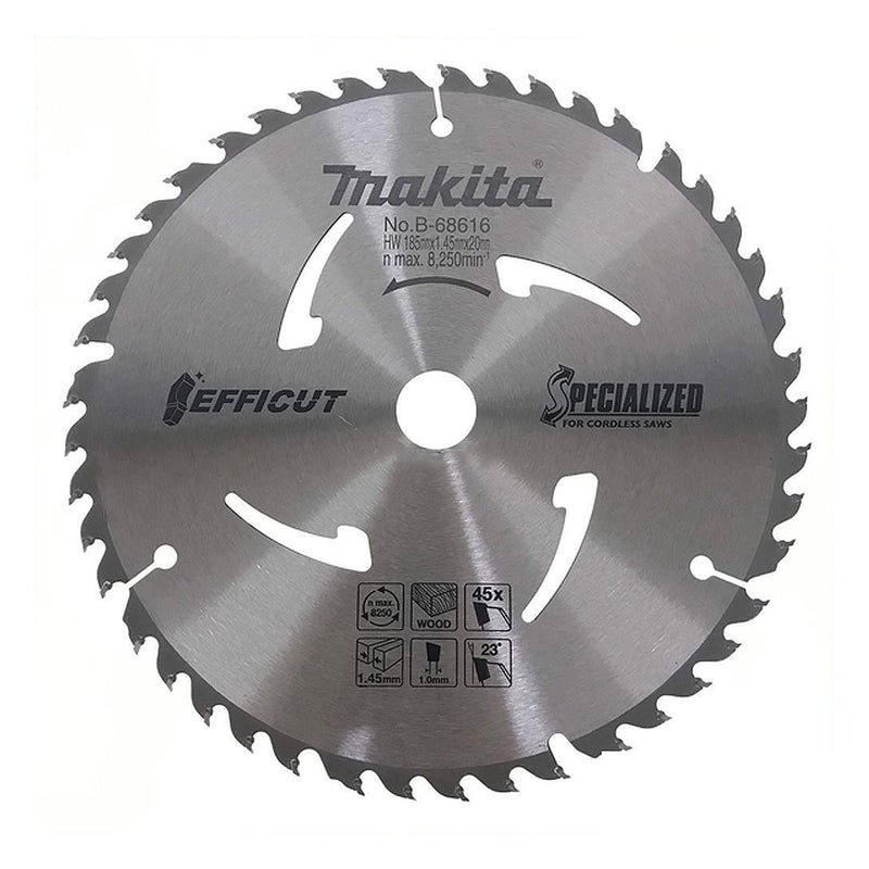 Lưỡi cưa gỗ TCT Makita công nghệ Efficut đường kính 185mm số răng từ 24-45 kiểu ATAFR, lỗ cốt 20mm dùng cho máy cưa đĩa ( Cấp 5 sao )