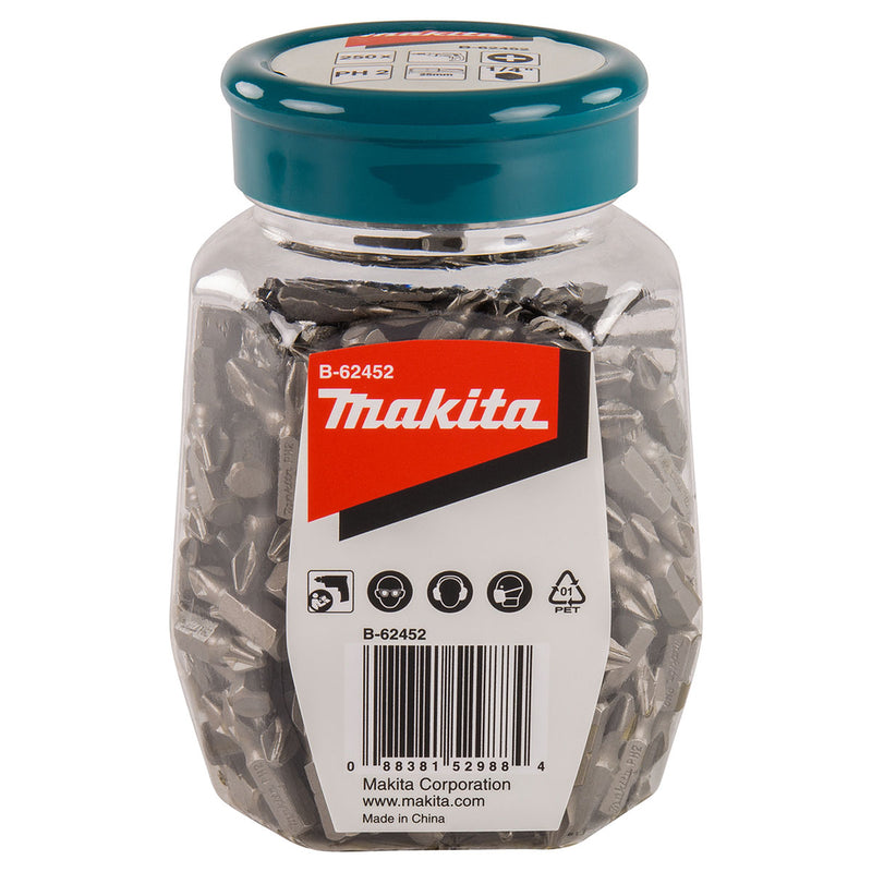 Hộp 250 mũi vặn vít đầu bake Makita B-62452 kích thước PH2 x 25mm, đuôi lục giác 6.35mm (1/4 inch)