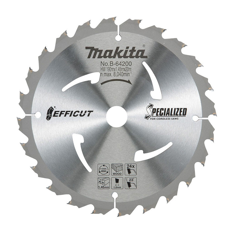 Lưỡi cưa gỗ TCT Makita công nghệ Efficut đường kính 190mm, số răng từ 24-45 kiểu ATAFR, lỗ cốt 20mm dùng cho máy cưa đĩa ( Cấp 5 sao )