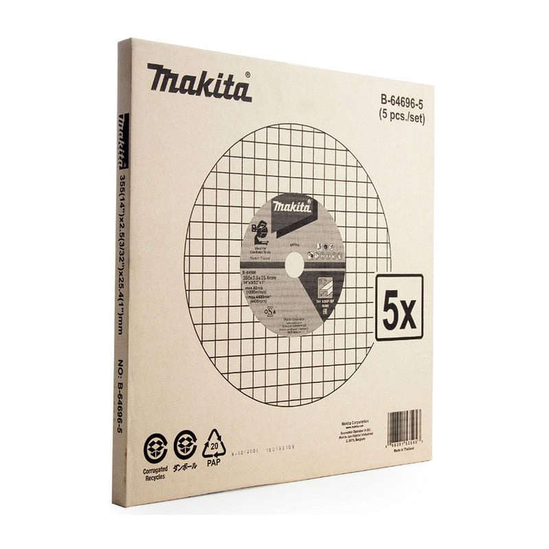 Hộp 5 lưỡi đá cắt sắt hộp 355mm ( 14 inch ) Makita B-64696-5 dày 2.5mm, lỗ cốt 25.4mm ( 1 inch ) ( Cấp chuyên dụng )