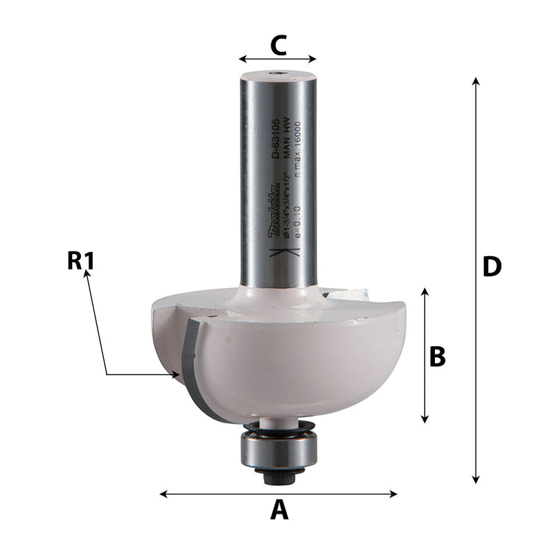 Mũi phay bo cạnh lõm có ổ bi hệ mét Makita D-09400 cốt 6mm, đường kính hiệu dụng 20mm ( Cấp 3 sao )