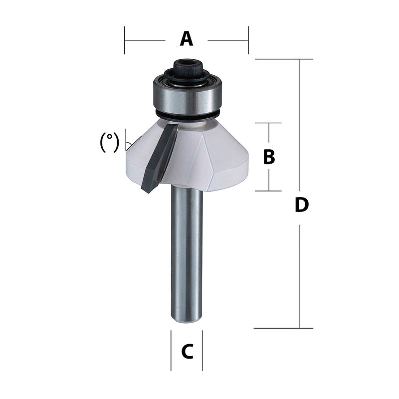 Mũi phay vát mép xiên có ổ bi hệ mét Makita cốt 6mm, đường kính hiệu dụng 23mm-26mm, góc vát từ 45°-60° ( Cấp 3 sao )