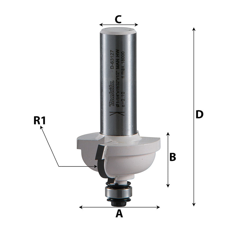 Mũi phay chỉ gỗ bo cạnh lõm có ổ bi hệ mét Makita cốt 6mm, đường kính hiệu dụng 22mm ( Cấp 3 sao )