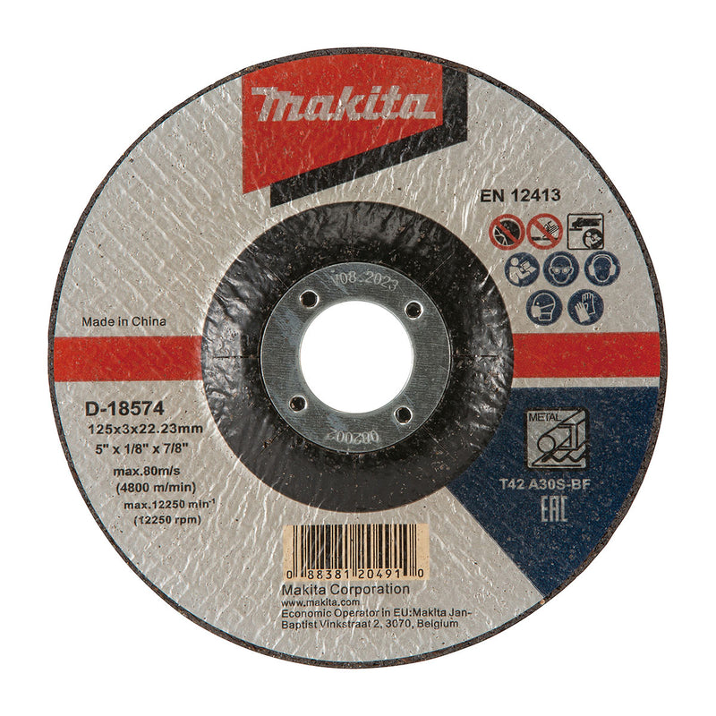 Đá cắt kim loại 125mm ( 5 inch ) Makita D-18574 dày 3mm, lỗ cốt 22.23mm ( 7/8 inch ) tâm trũng ( Cấp 2 sao )
