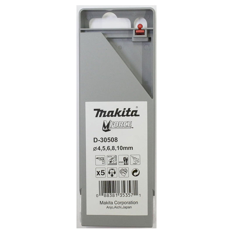 Bộ mũi khoan kim loại HSS M-Force 5 chi tiết Makita D-30508 kích thước từ 4mm - 10mm, đuôi trơn