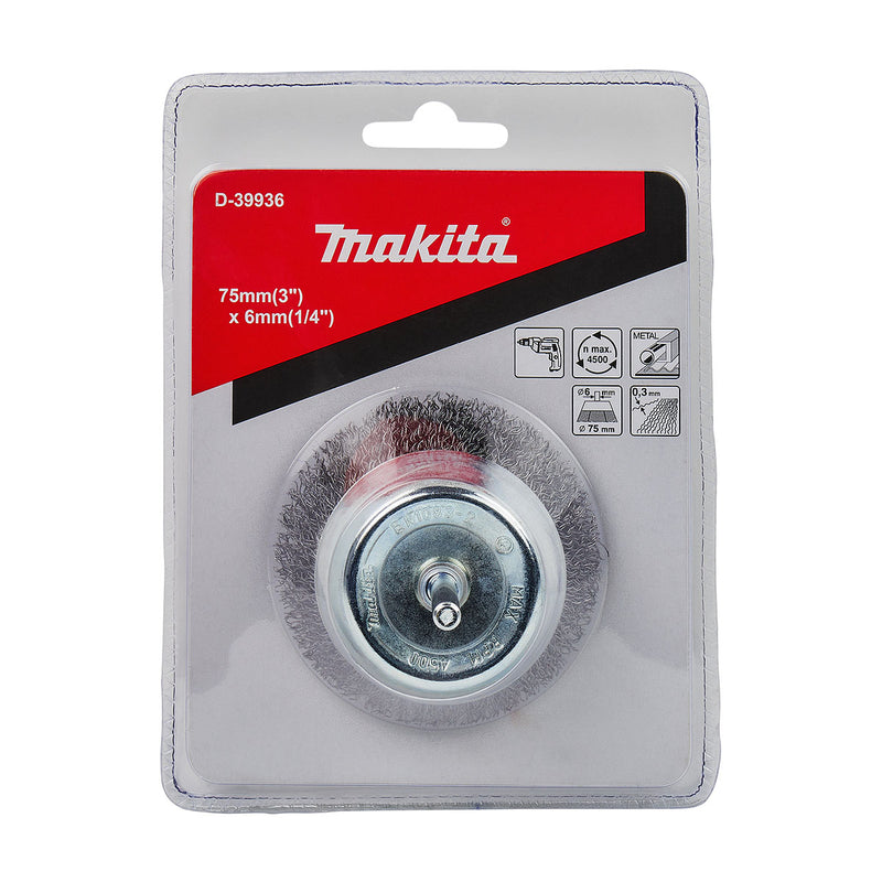 Chổi cước kim loại hình chén sợi thép thẳng Makita đường kính từ 38mm-80mm, trục cốt 6mm dùng cho máy khoan ( Cấp 2 sao )