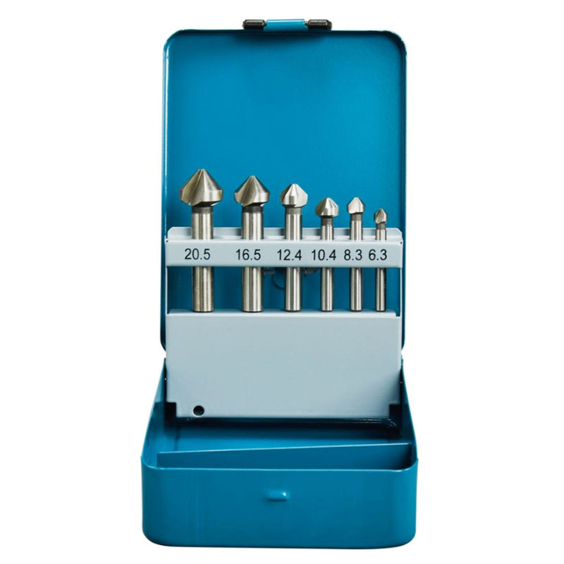 Bộ mũi vát lỗ 3 lưỡi cắt 90° 6 chi tiết Makita D-42204 kích thước từ 6.3mm - 20.5mm, đuôi trơn