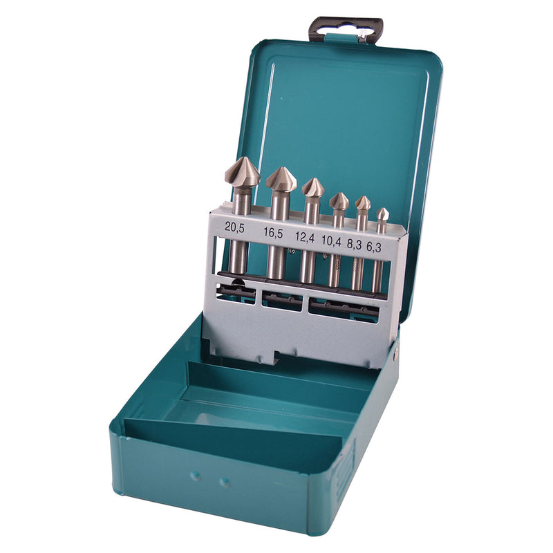Bộ mũi vát lỗ 3 lưỡi cắt 90° 6 chi tiết Makita D-42204 kích thước từ 6.3mm - 20.5mm, đuôi trơn