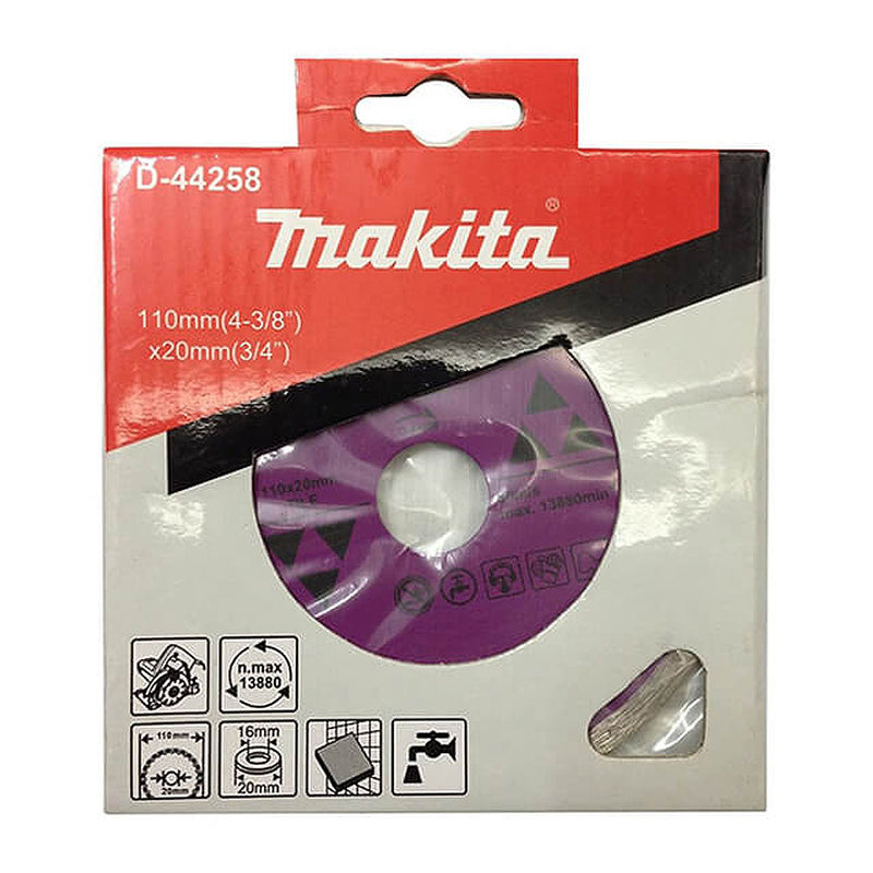 Lưỡi cắt kim cương 110mm kiểu mép phẳng Makita D-44258 dùng cho gạch gốm lỗ cốt 20mm, cắt nước ( Cấp 1 sao )