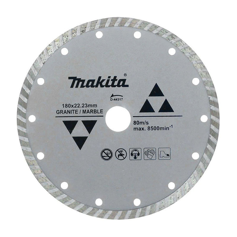 Lưỡi cắt kim cương 180mm kiểu răng gợn sóng Makita D-44317 dùng cho đá hoa cương, đá cẩm thạch lỗ cốt 22.23mm, cắt khô ( Cấp 1 sao )