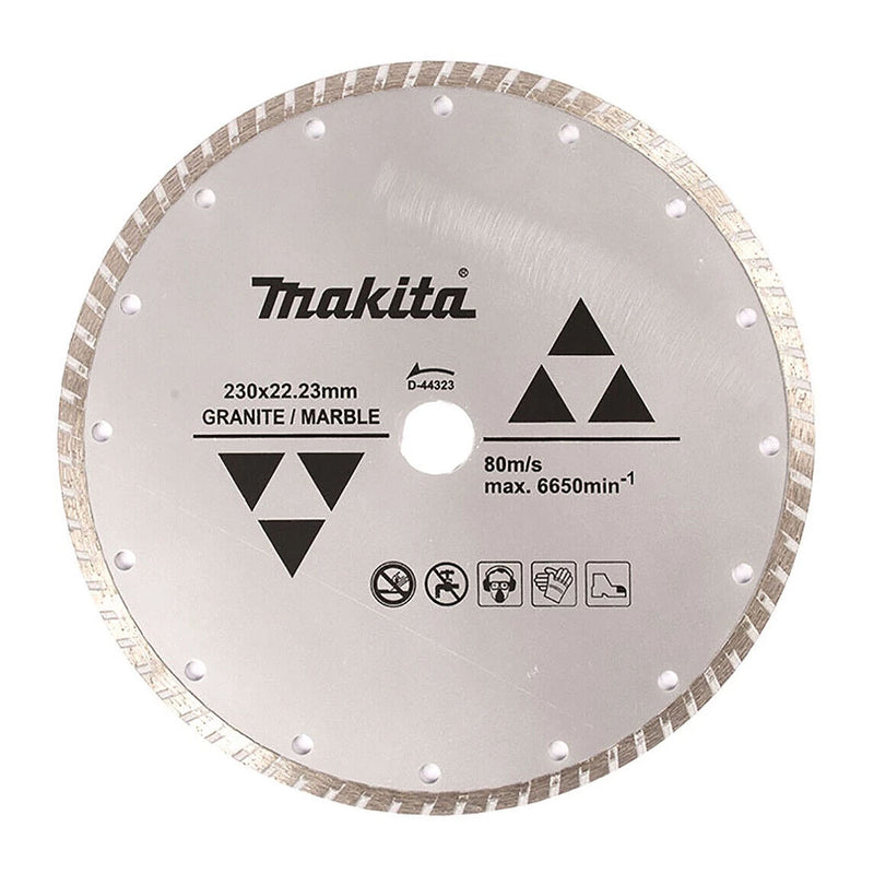 Lưỡi cắt kim cương 230mm kiểu răng gợn sóng Makita D-44323 dùng cho đá hoa cương, đá cẩm thạch lỗ cốt 22.23mm, cắt khô ( Cấp 1 sao )