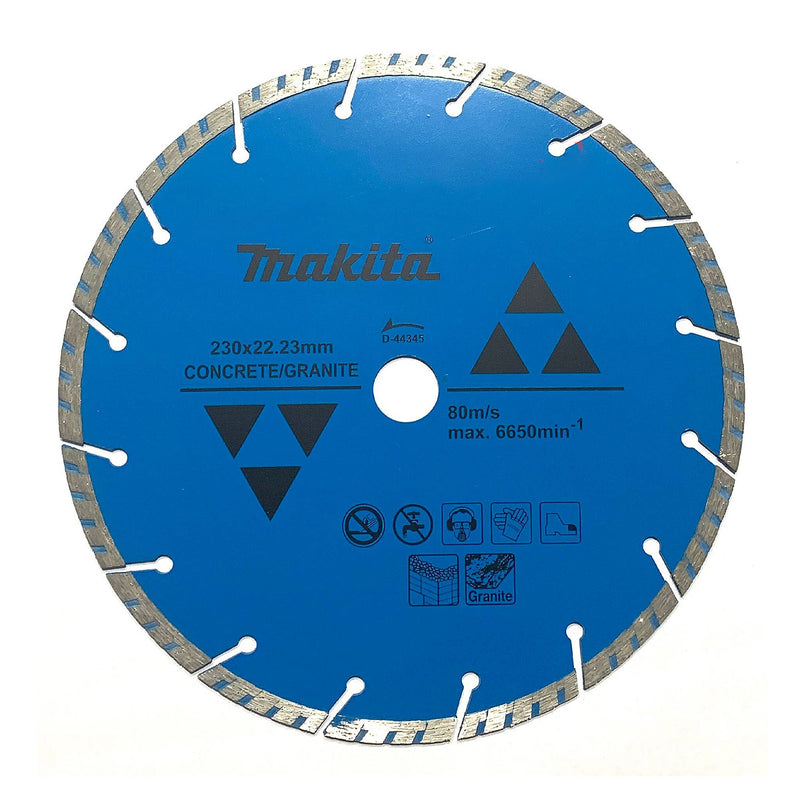 Lưỡi cắt kim cương 230mm kiểu răng gợn sóng phân đoạn Makita D-44345 dùng cho bê tông, đá hoa cương lỗ cố 20mm, cắt khô ( Cấp 1 sao )