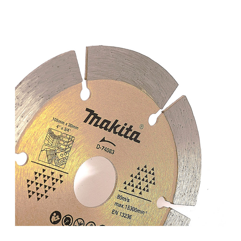 Lưỡi cắt kim cương 105mm kiểu răng phân đoạn Makita dùng cho bê tông, gạch, đá lỗ cốt 20mm, cắt khô & nước đạt tiêu chuẩn EN13236 ( Cấp 3 sao )