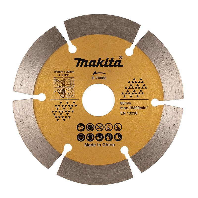 Lưỡi cắt kim cương 105mm kiểu răng phân đoạn Makita dùng cho bê tông, gạch, đá lỗ cốt 20mm, cắt khô & nước đạt tiêu chuẩn EN13236 ( Cấp 3 sao )