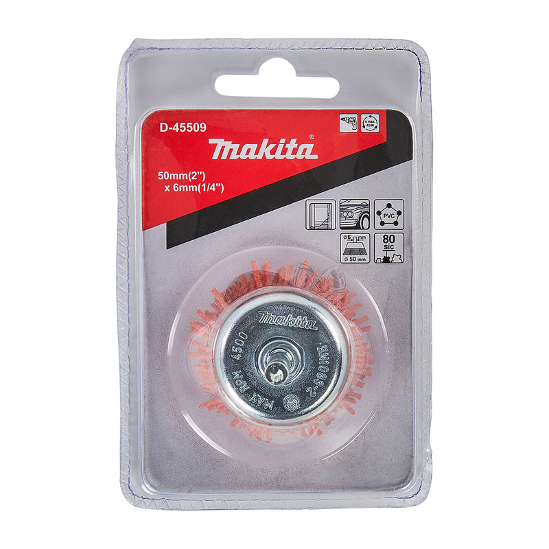 Chổi nylon hình chén Makita đường kính 50mm, trục cốt 6mm, loại đánh thô và đánh hoàn thiện mịn đẹp dùng cho máy khoan ( Cấp 2 sao )