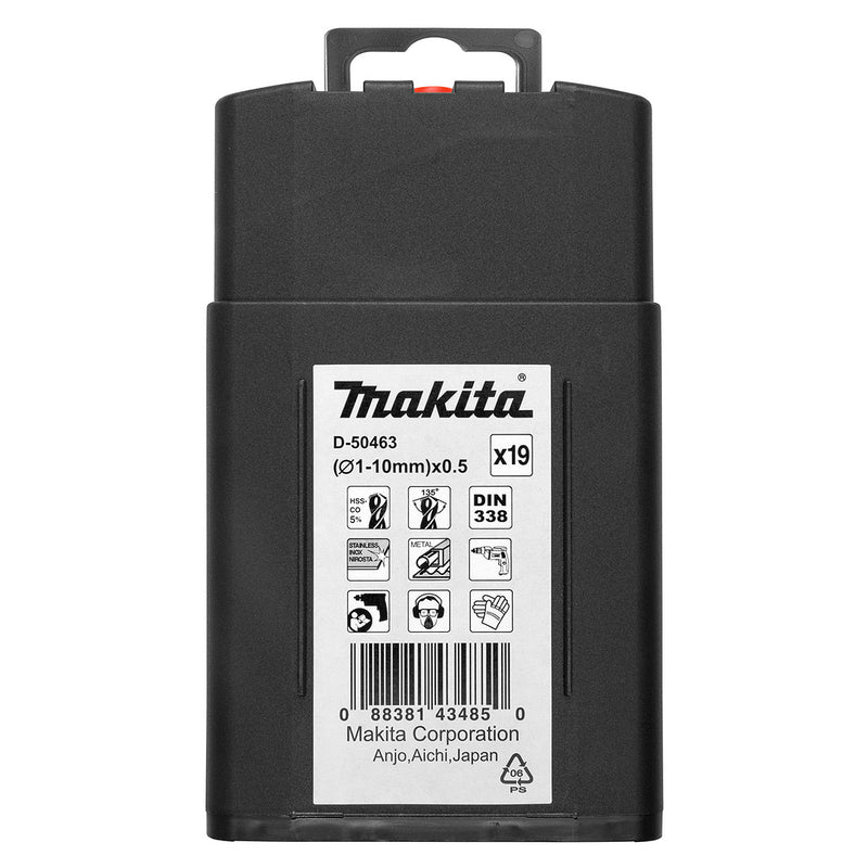 Bộ mũi khoan Inox HSS-Co 5% 19 chi tiết Makita D-50463 kích thước từ 1mm - 10mm, đuôi trơn