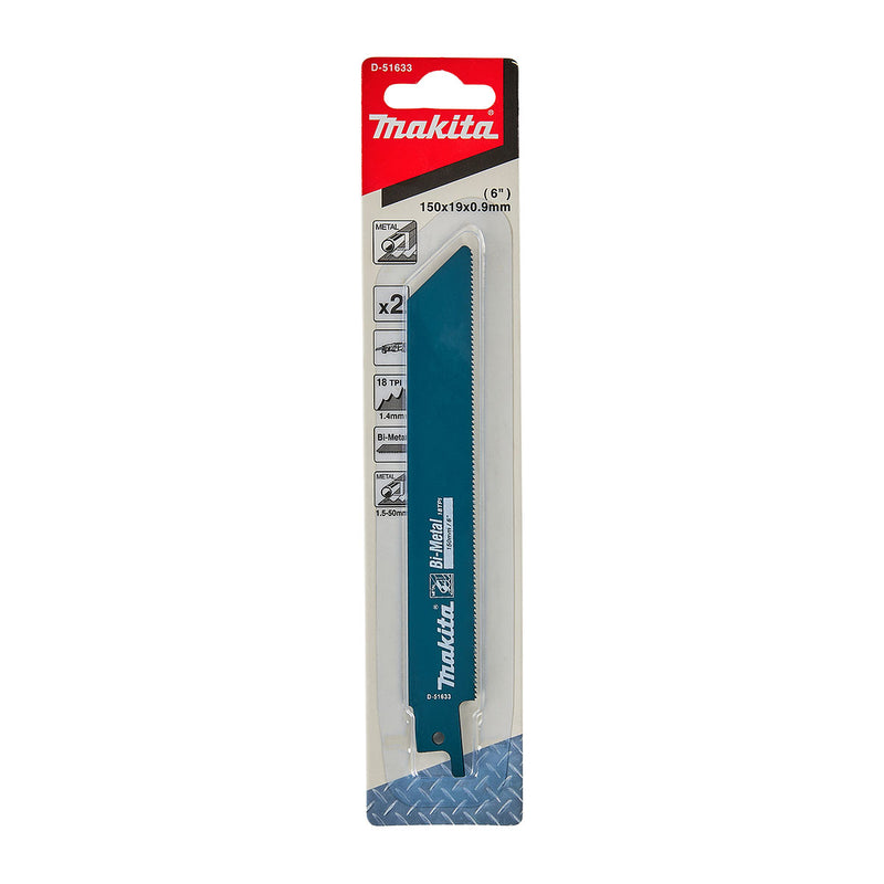 Vĩ 2 lưỡi cưa kiếm Bi-Metal Makita D-51633 dòng sản phẩm kinh tế, dùng cho kim loại số răng 18 TPI, chiều dài 150mm ( Cấp 2 sao )