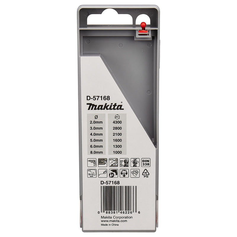 Bộ mũi khoan Inox HSS-Co 6 chi tiết Makita D-57168 kích thước từ 2mm - 8mm, đuôi trơn