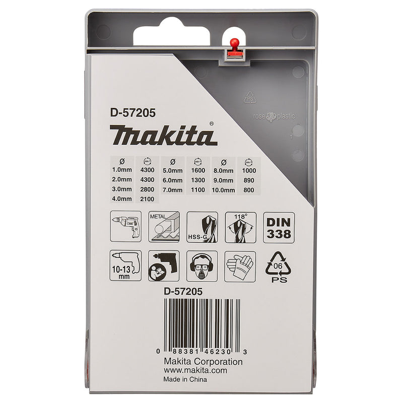 Bộ mũi khoan kim loại HSS-G 10 chi tiết Makita D-57205 kích thước từ 1mm - 10mm, đuôi trơn